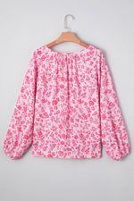 Load image into Gallery viewer, Pink Floral Puff Sleeve Split Neck Lightweight Blouse