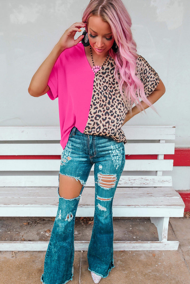 Khaki Contrast Leopard Color Block Blouse