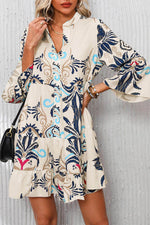 Load image into Gallery viewer, White Printed Tribal Bracelet Sleeve Buttoned Mini Dress - Fashion Queen
