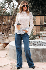 Load image into Gallery viewer, White Sheer Lace Bell Sleeve Mock Neck Blouse