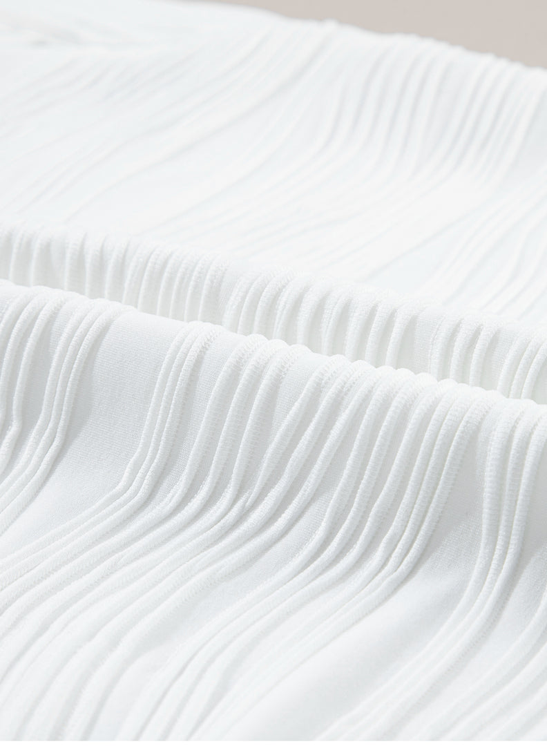 White Wavy Textured Mock Neck Cap Sleeve Top