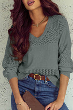 Load image into Gallery viewer, Black Eyelet Pattern Detail V Neck Drop Shoulder Sweater - Fashion Queen