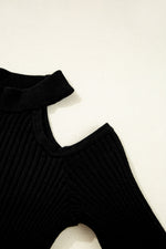 Load image into Gallery viewer, Black Ribbed Knit Cold Shoulder Choker Neck Sweater - Fashion Queen - 8