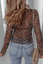 Load image into Gallery viewer, Multicolour Leopard Sheer Mesh Long Sleeve V Neck Lace-up Blouse - Fashion Queen - 2
