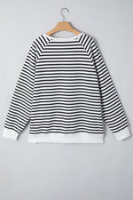 Load image into Gallery viewer, Black Stripe Raglan Sleeve Side Slits Loose Sweatshirt - Fashion Queen - 5