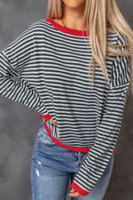 Load image into Gallery viewer, Fiery Red Contrast Trimmed Striped Drop Shoulder Sweater - Fashion Queen
