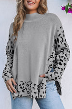 Load image into Gallery viewer, Khaki Leopard High Neck Side Slit Oversized Sweater