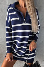 Load image into Gallery viewer, Blue Striped O-ring Zip Collared Loose Sweater Mini Dress - Fashion Queen - 8