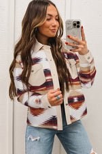 Load image into Gallery viewer, Multicolour Western Aztec Striped Patchwork Double Flap Pocket Raw Hem Shacket