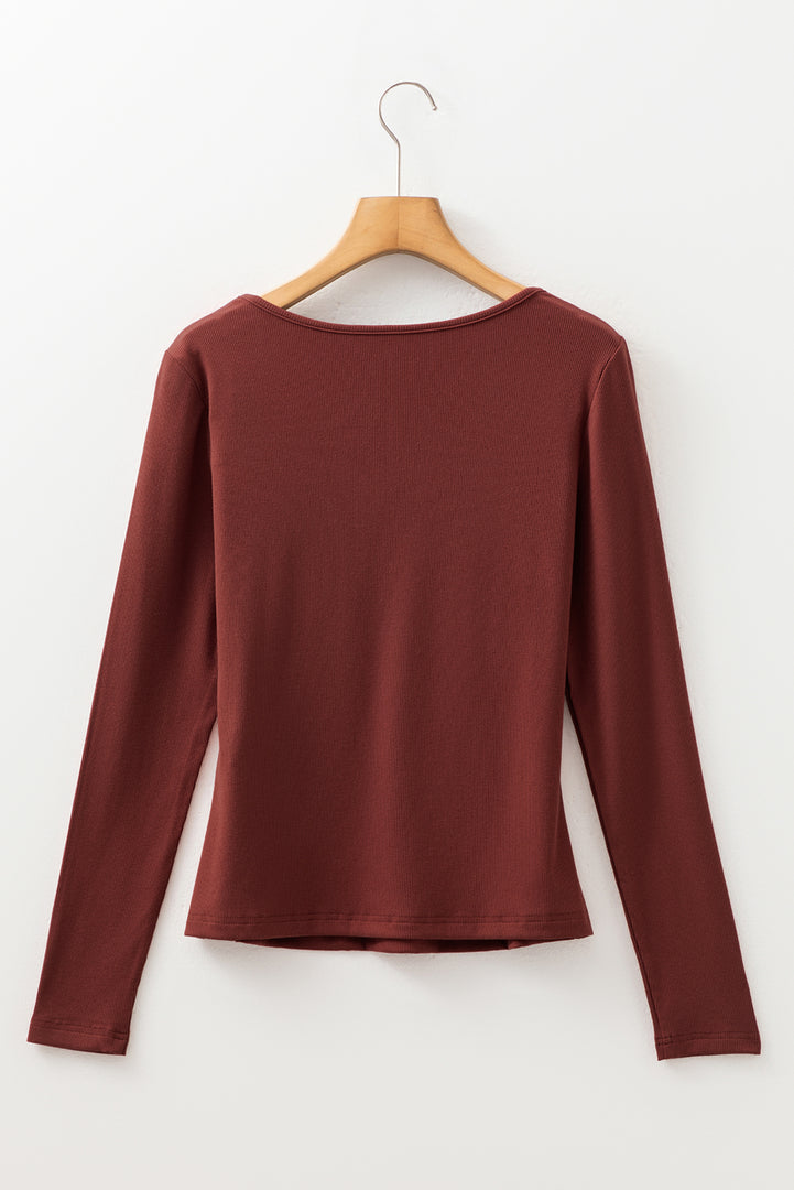 Burgundy Gathered Bust Square Neck Ribbed Fit Long Sleeve Top