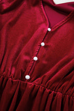 Load image into Gallery viewer, Black Velvet Buttoned Puff Sleeve V Neck Split Midi Dress - Fashion Queen