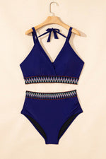Load image into Gallery viewer, Navy Blue Embroidered Trim Wrap Tie Knot Plus Size High Waisted Bikini - Fashion Queen
