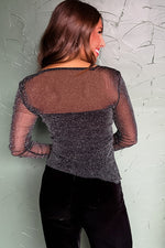 Load image into Gallery viewer, Black Metallic Glitter Mesh Long Sleeve Top - Fashion Queen -  2
