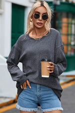 Load image into Gallery viewer, Black Solid Ribbed Knit Round Neck Pullover Sweatshirt - Fashion Queen