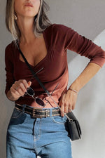 Load image into Gallery viewer, Burgundy Gathered Bust Square Neck Ribbed Fit Long Sleeve Top - Fashion Queen -  3