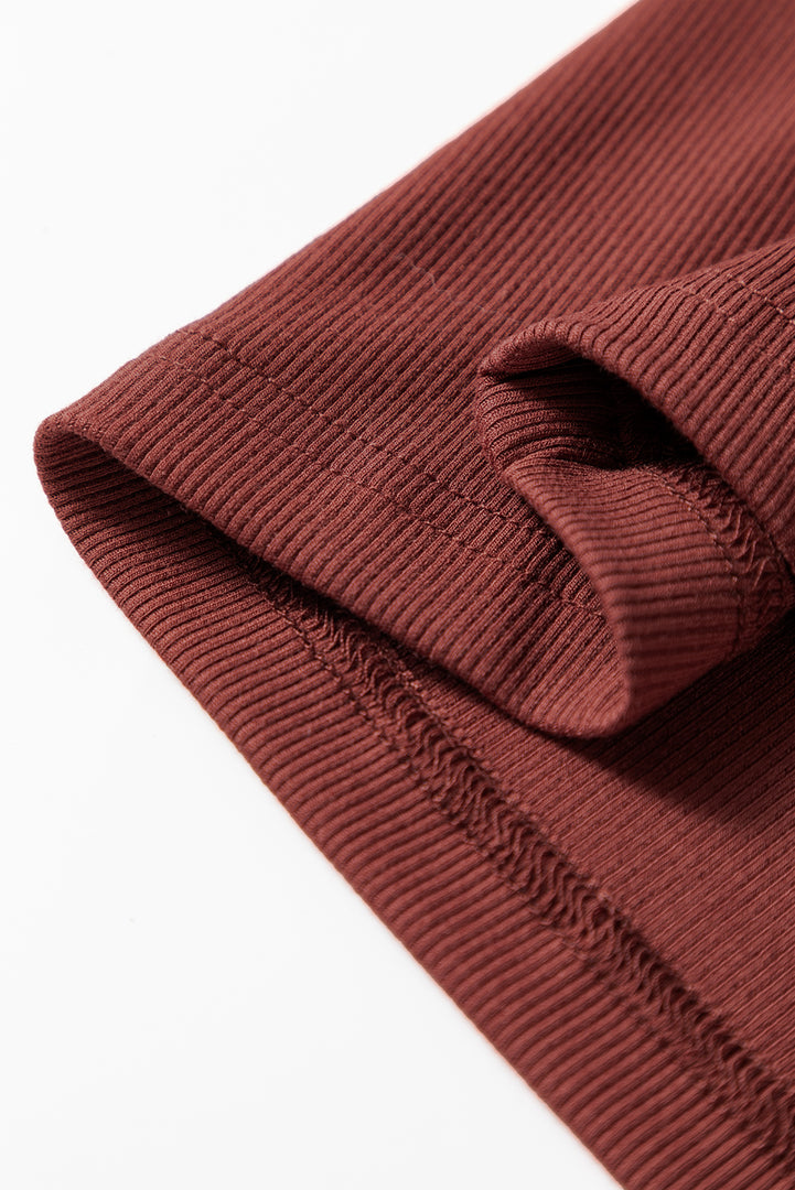 Burgundy Gathered Bust Square Neck Ribbed Fit Long Sleeve Top