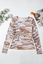 Load image into Gallery viewer, Green Western Fashion Camouflage Print Mesh Long Sleeve Top