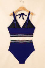 Load image into Gallery viewer, Navy Blue Embroidered Trim Wrap Tie Knot Plus Size High Waisted Bikini - Fashion Queen