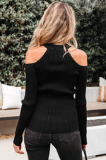 Load image into Gallery viewer, Black Ribbed Knit Cold Shoulder Choker Neck Sweater