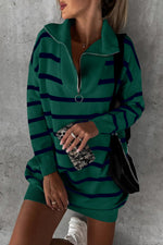 Load image into Gallery viewer, Blue Striped O-ring Zip Collared Loose Sweater Mini Dress - Fashion Queen - 25