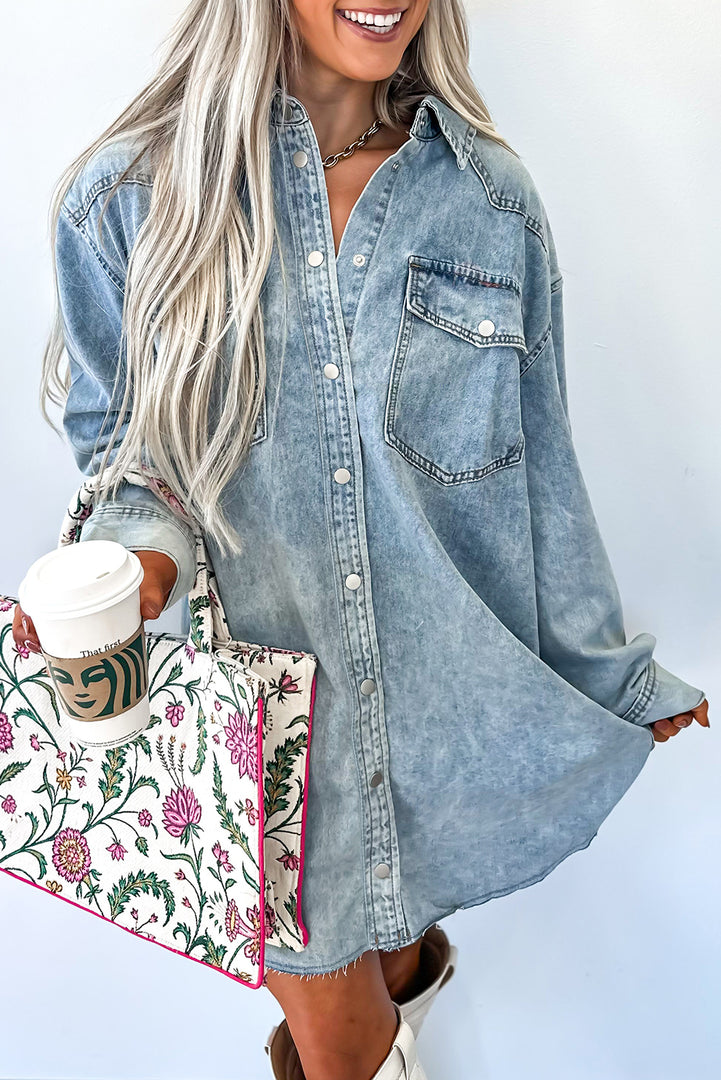 Beau Blue Chest Pocket Raw Hem Denim Loose Shirt Dress