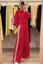 Load image into Gallery viewer, Fiery Red Varsity Striped Detail Crewneck Pullover Elastic Sweatpants 2pcs Outfit
