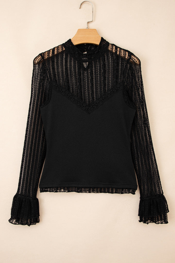 Black Lace Patchwork Flounce Sleeve Slim Fit Top