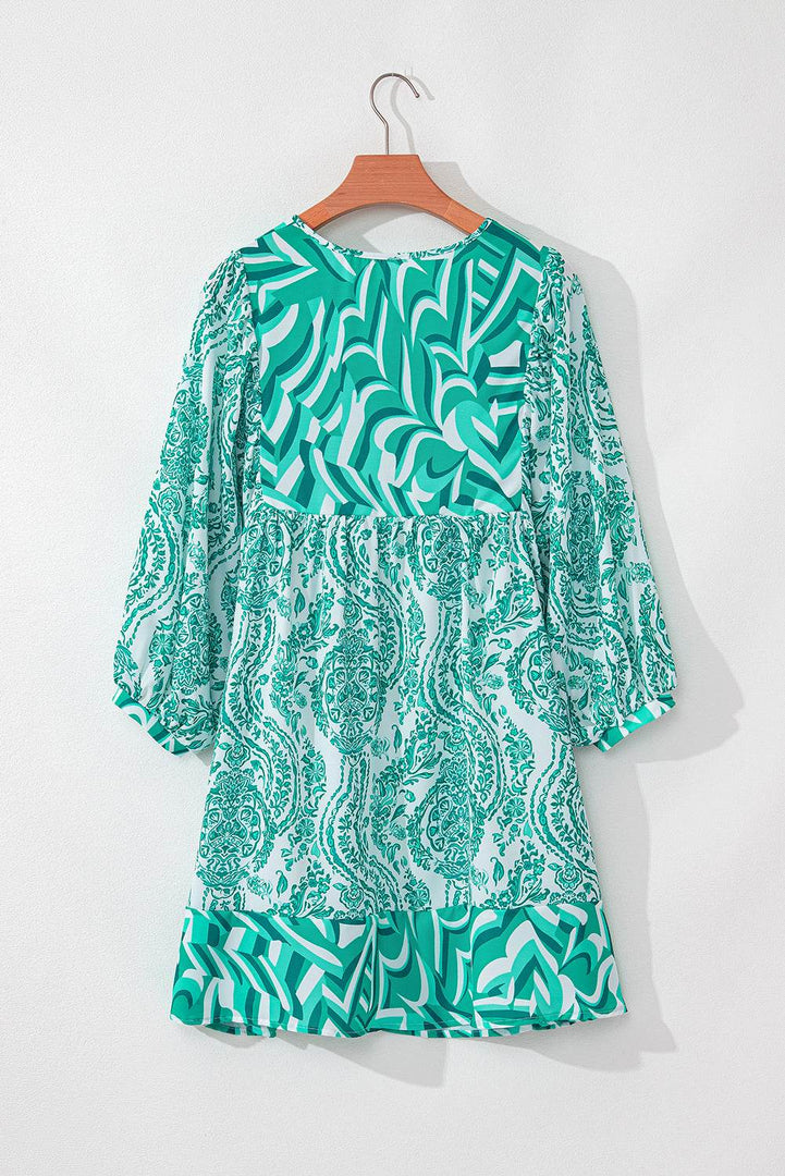Rose Bohemian Print Puff Sleeve Tied V Neck Flared Mini Dress - Fashion Queen