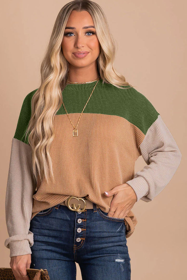Multicolor Color Block Long Sleeve Ribbed Loose Top
