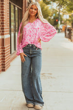 Load image into Gallery viewer, Pink Floral Puff Sleeve Split Neck Lightweight Blouse