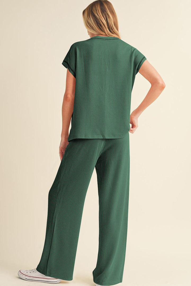 Blackish Green Solid Color Corded Short Sleeve Top and Casual Pants Set