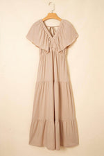 Load image into Gallery viewer, Green Textured V Neck Flutter Sleeve Ruffled Maxi Dress - Fashion Queen