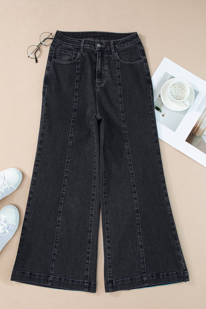 Dark Blue Plain Seam Detail Flared Bottom Ankle Length Jeans