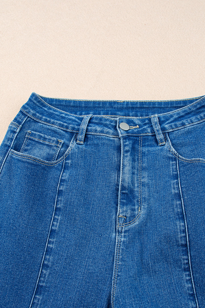 Dark Blue Plain Seam Detail Flared Bottom Ankle Length Jeans - Fashion Queen -  22