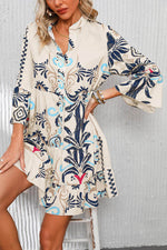 Load image into Gallery viewer, White Printed Tribal Bracelet Sleeve Buttoned Mini Dress - Fashion Queen