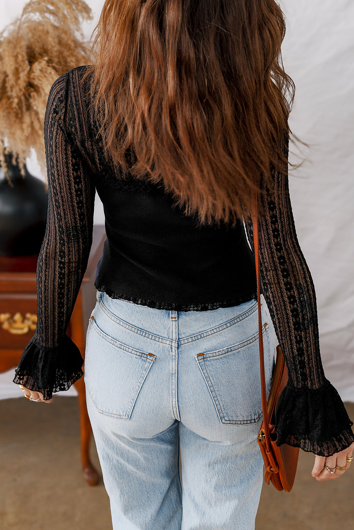 Black Lace Patchwork Flounce Sleeve Slim Fit Top