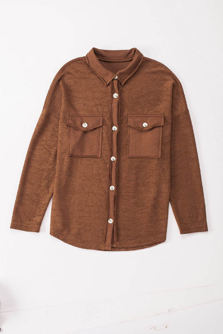 Black Contrast Flap Pockets Relaxed Shacket - Fashion Queen