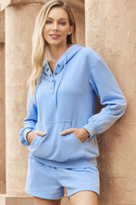 Load image into Gallery viewer, Light Blue Button Drawstring Hooded Pullover and Casual Short Set