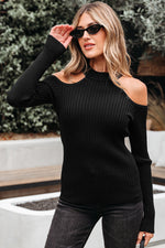 Load image into Gallery viewer, Black Ribbed Knit Cold Shoulder Choker Neck Sweater