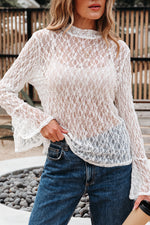 Load image into Gallery viewer, White Sheer Lace Bell Sleeve Mock Neck Blouse