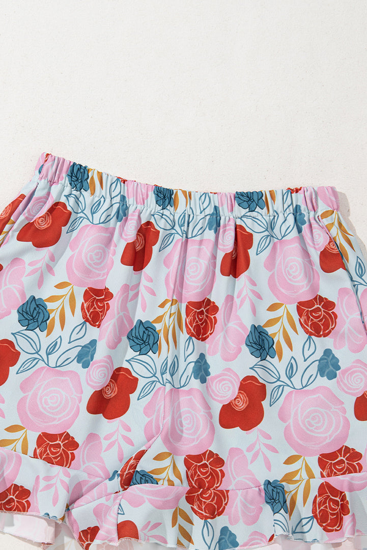 Multicolour Floral V Neck Cami Top and Ruffled Shorts Lounge Set