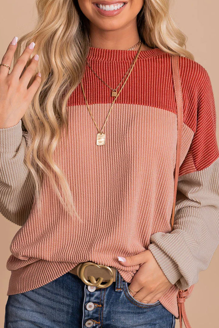 Multicolor Color Block Long Sleeve Ribbed Loose Top