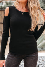 Load image into Gallery viewer, Black Ribbed Knit Cold Shoulder Sweater