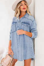 Load image into Gallery viewer, Beau Blue Chest Pocket Raw Hem Denim Loose Shirt Dress