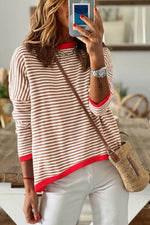Load image into Gallery viewer, Fiery Red Contrast Trimmed Striped Drop Shoulder Sweater - Fashion Queen