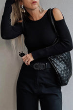 Load image into Gallery viewer, Black Ribbed Knit Cold Shoulder Sweater - Fashion Queen - 3