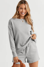 Load image into Gallery viewer, Black Textured Long Sleeve Top and Drawstring Shorts Set - Fashion Queen