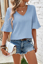 Load image into Gallery viewer, Peach Blossom Ruffled Half Sleeve V Neck Textured Top - Fashion Queen