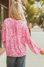 Load image into Gallery viewer, Pink Floral Puff Sleeve Split Neck Lightweight Blouse