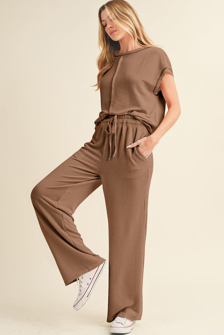 Blackish Green Solid Color Corded Short Sleeve Top and Casual Pants Set